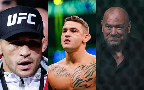 Michael Chandler (left), Dustin Poirier (center), and Dana White (right) [Images courtesy of Getty]