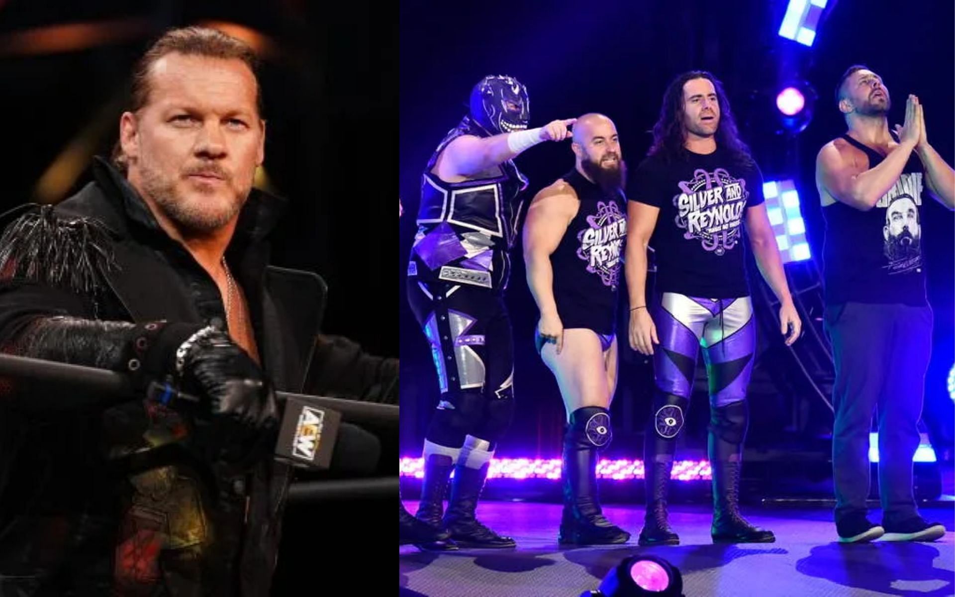 Chris Jericho (left) and AEW faction Dark Order (right).