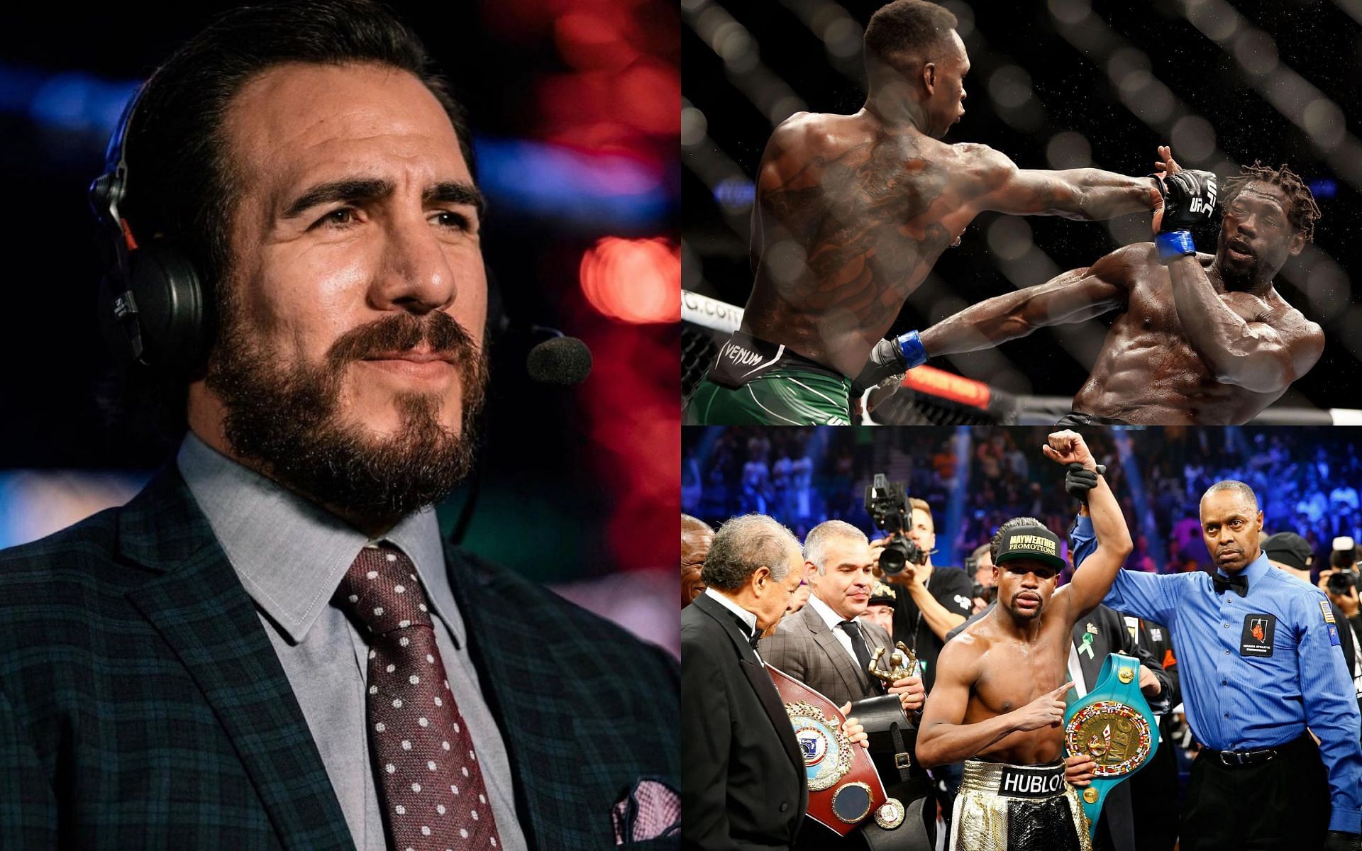 Kenny Florian (left), Israel Adesanya vs. Jared Cannonier (top right), and Floyd Mayweather (bottom right) [Images courtesy of @kennyflorian Instagram and Getty]