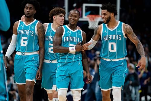 (L-R) Jalen McDaniels, LaMelo Ball, Terry Rozier and Miles Bridges of the Charlotte Hornets