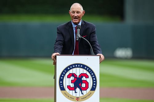 Former Minnesota Twins legend Jim Kaat speaks at his number retirement celebration on July 16.