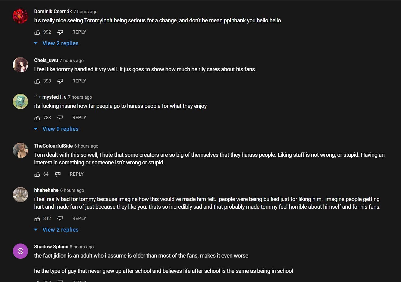 Some YouTube comments appreciating how TommyInnit handled and addressed the situation (Image via Sportskeeda)