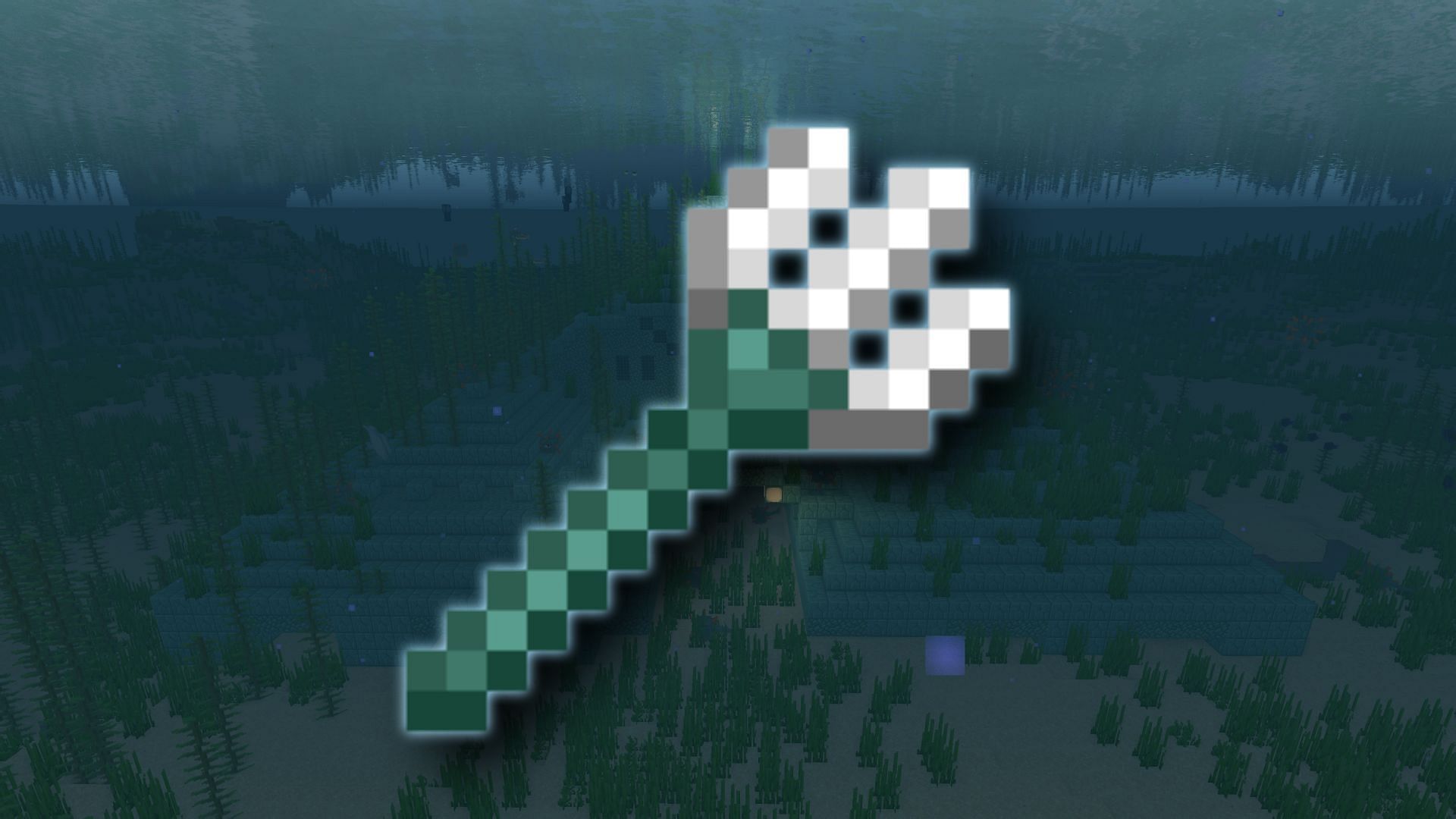 A trident over an ocean monument (Image via Minecraft)