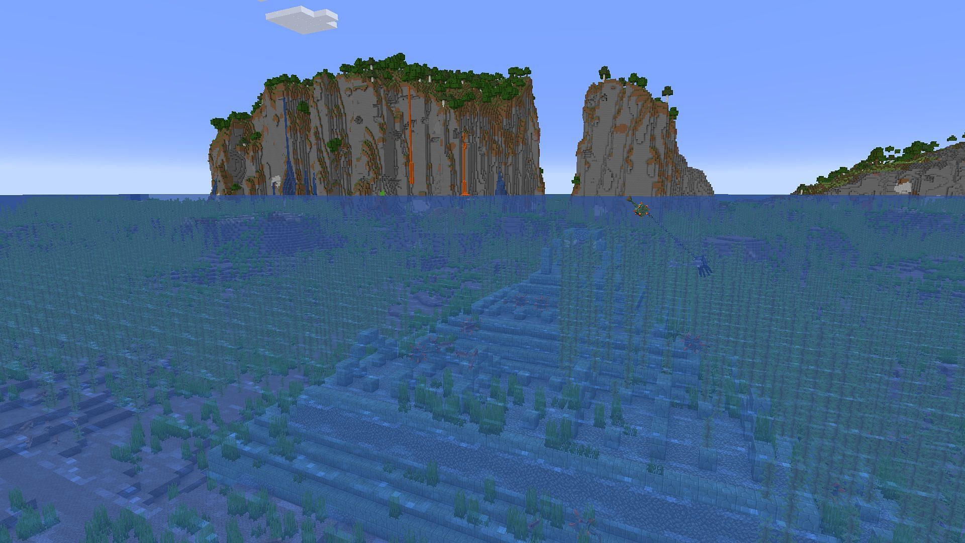 Extremely tall cliff of an island with ocean monument right next to it (Image via Minecraft 1.19 update)