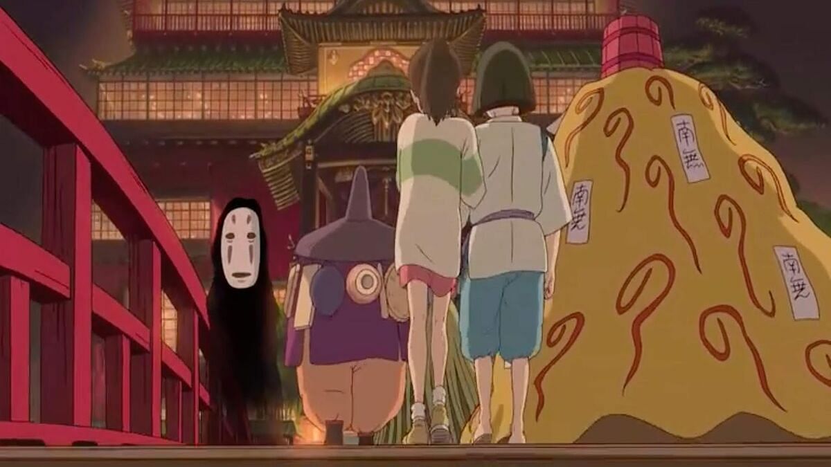 No Face from Spirited Away watching Chihiro and Haku cross the bridge (Image via Studio Ghibli)