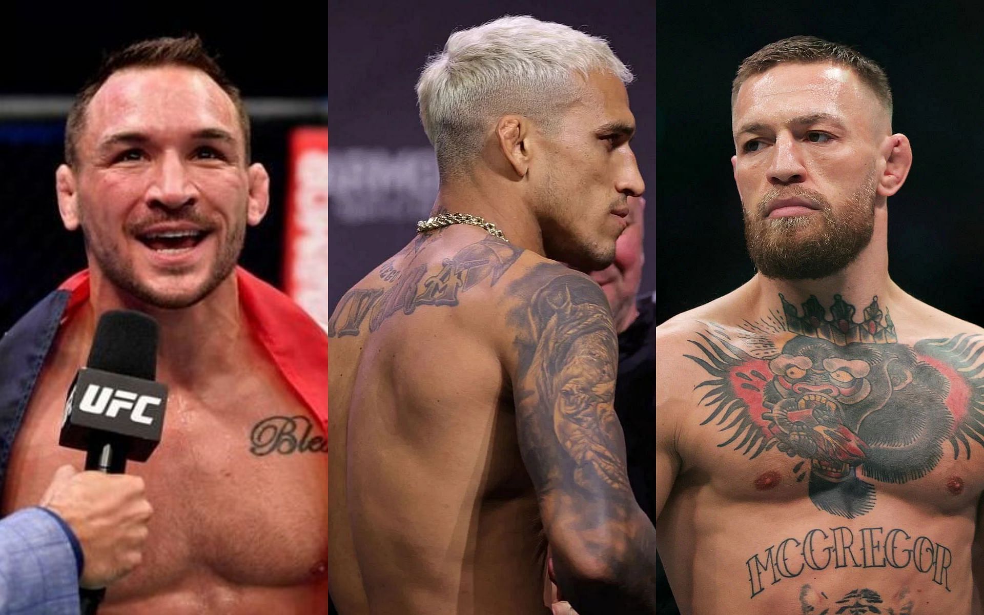 (L-R) Michael Chandler, Charles Oliveira, and Conor McGregor