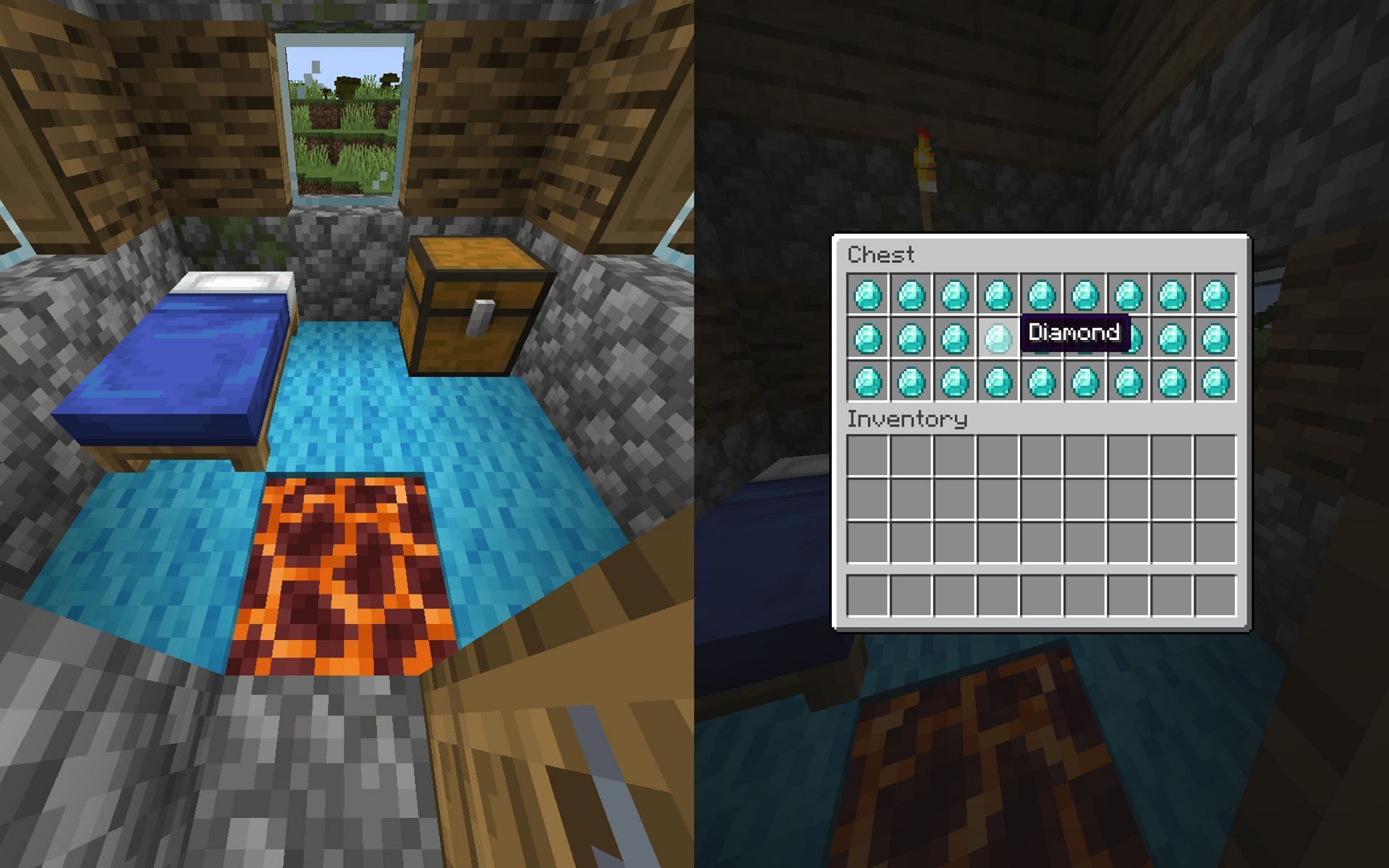 The magma block and the chest full of diamonds (Image via Minecraft)