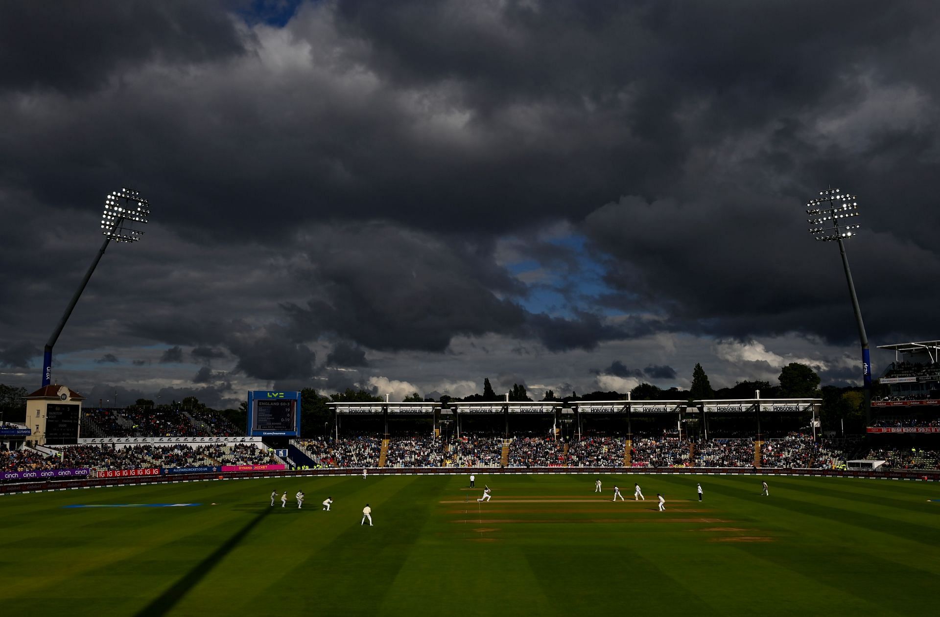 Joe Root of England bats under dark skies during Day 2 of the fifth Test between England and India. (Credit: Getty Images)