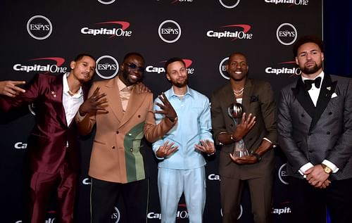 Juan Toscano-Anderson, Draymond Green, Stephen Curry, Andre Iguodala, and Klay Thompson of the Golden State Warriors, winners of Best Team, attend the 2022 ESPYs on Tuesday in Hollywood, California.