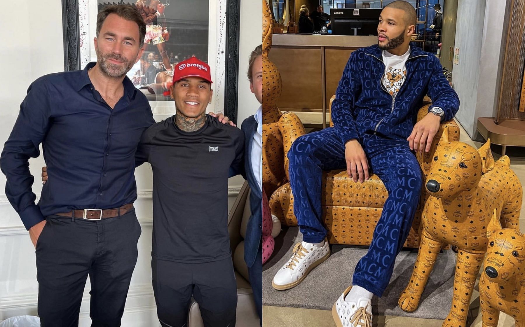 Eddie Hearn and Conor Benn (left), Chris Eubank Jr. (right) [Images via @conorbennofficial and @chriseubankjr on Instagram]