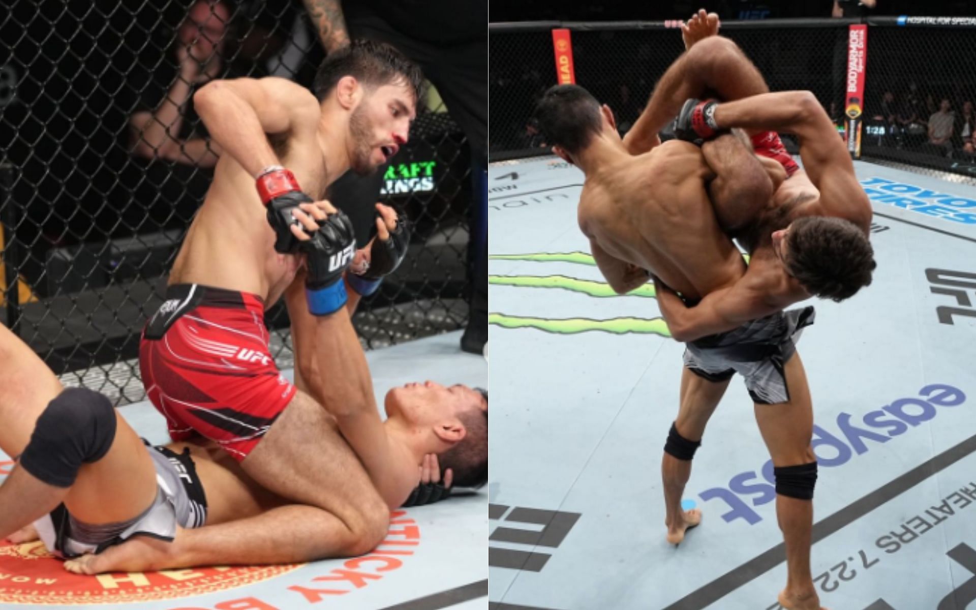 Matt Schnell (red shorts) and Su Mudaerji (grey shorts) went to war at UFC Fight Night: Ortega vs. Rodriguez [Image credits: @ufc on Instagram]