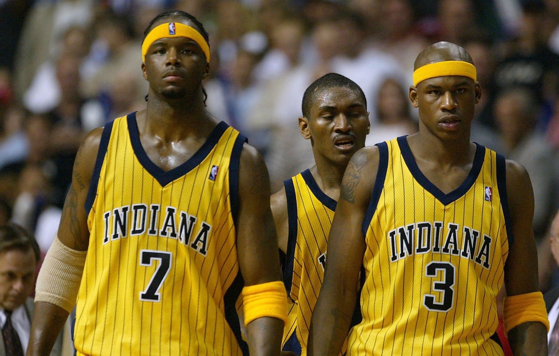 Jermaine O&#039;Neal, Ron Artest and Al Harrington of the Indiana Pacers