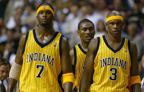 Jermaine O'Neal, Ron Artest and Al Harrington of the Indiana Pacers