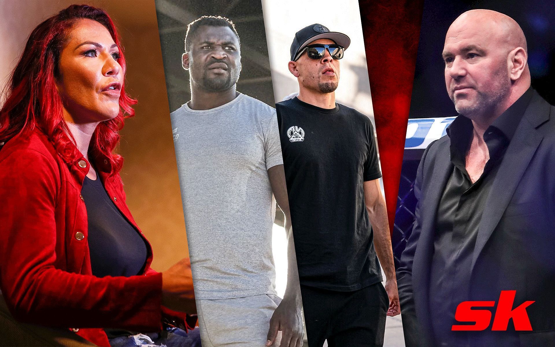 (L-R) Cris Cyborg, Francis Ngannou, Nate Diaz, Dana White [Images via @francisngannou and @natediaz209 on Instagram]