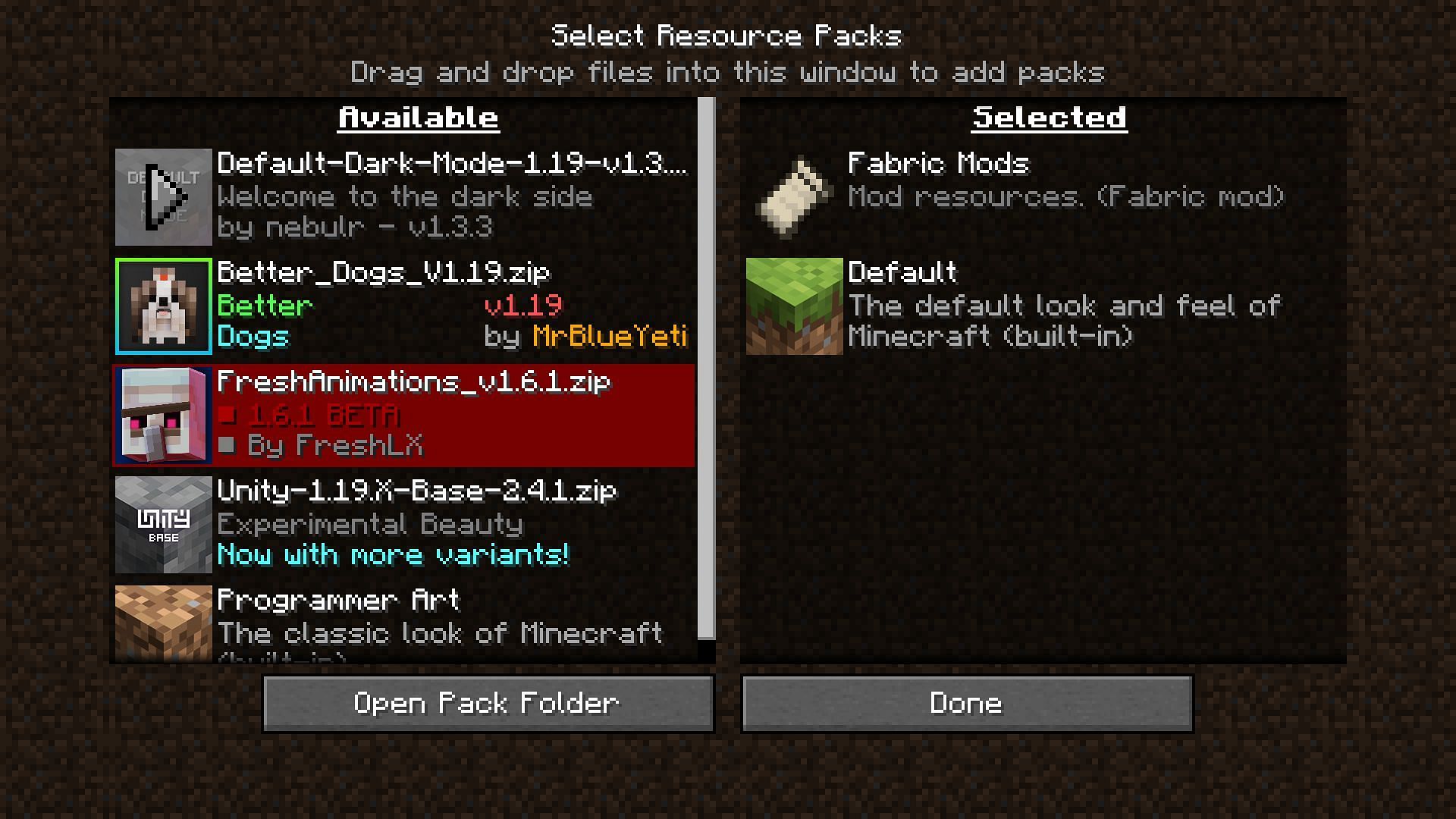 In-game resource pack settings (Image via Minecraft 1.19)