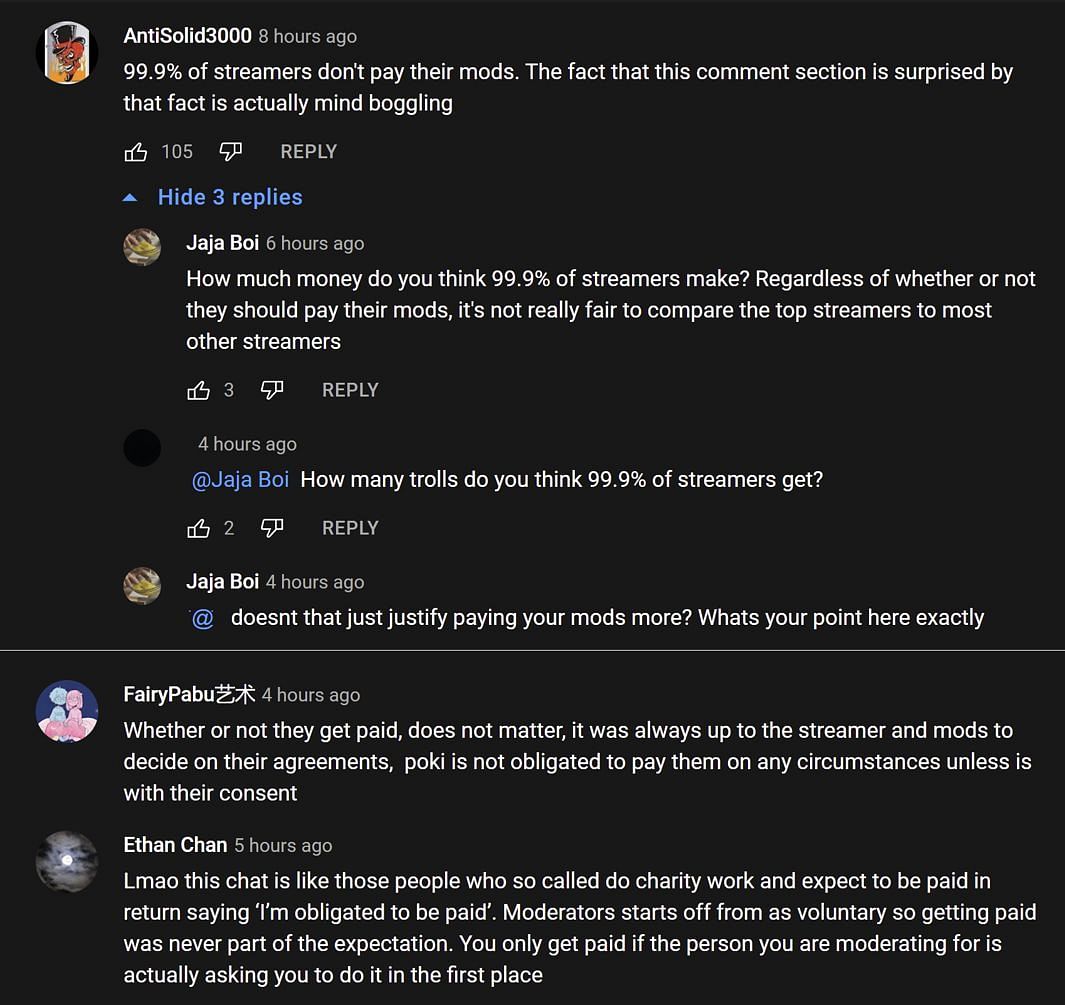 Fans in the YouTube comments section discussing whether streamers should pay their channel moderators 1/2 (Images via OTV COPIUM/YouTube)