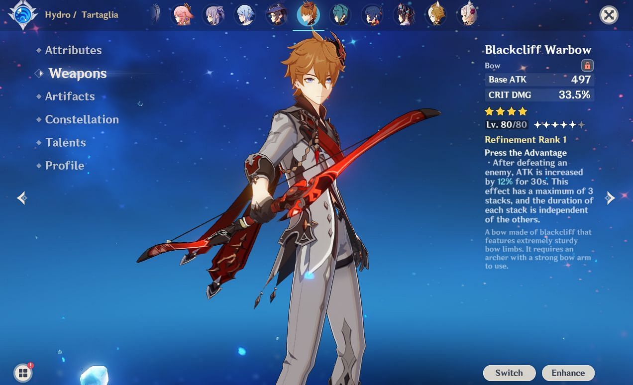 Tartaglia&#039;s profile in-game (Image via HoYoverse)