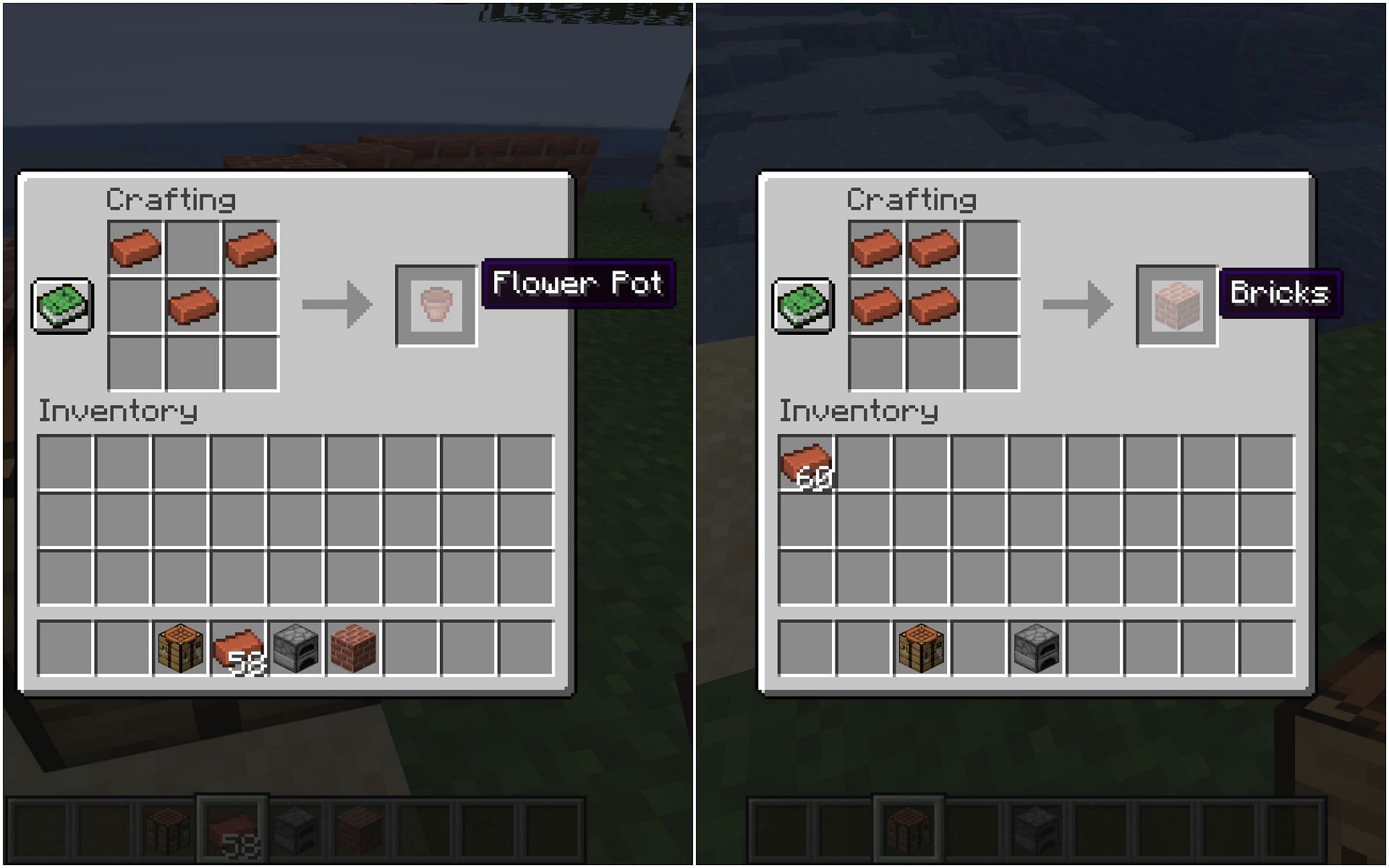 Crafting recipe for both flower pot and brick blocks (Image via Minecraft)