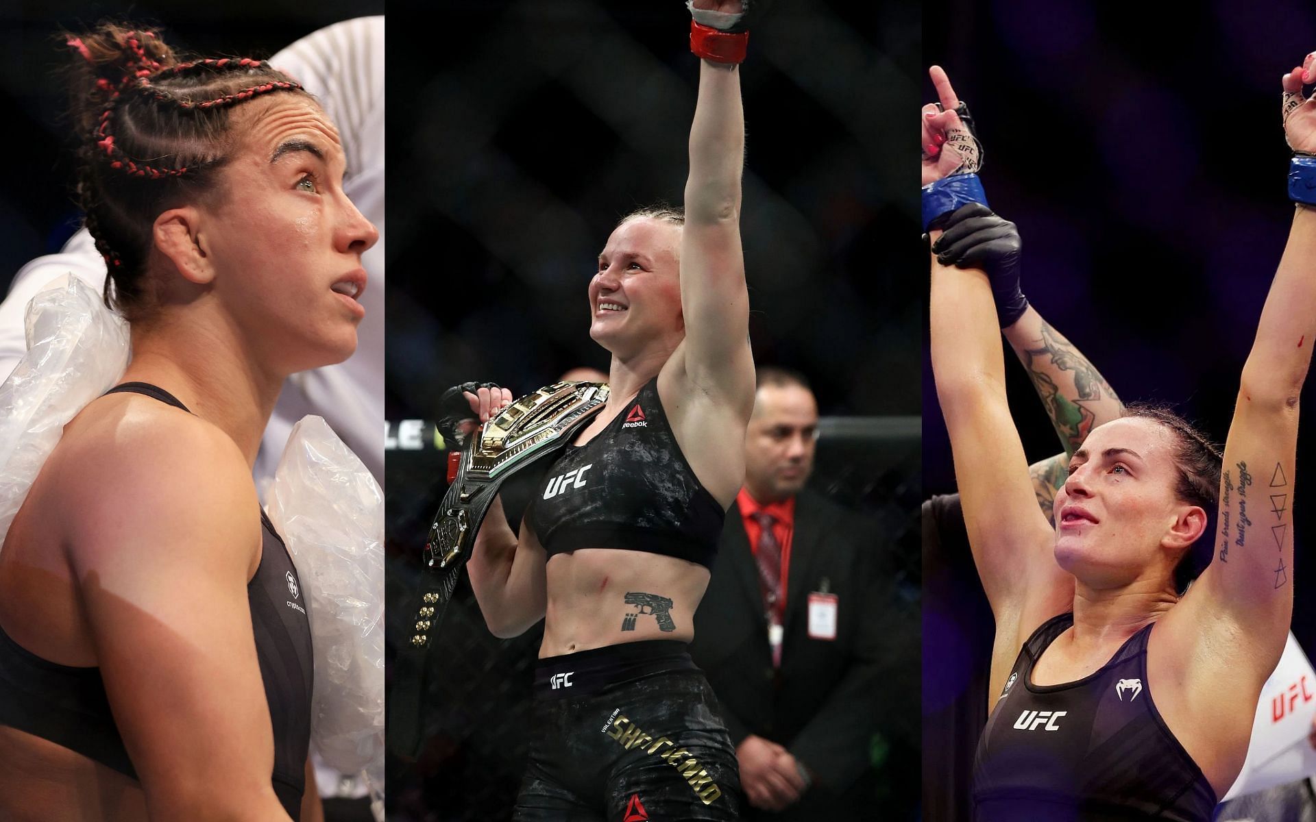 Maycee Barber (left), Valentina Shevchenko (middle), and Casey O&#039;Neill (right)