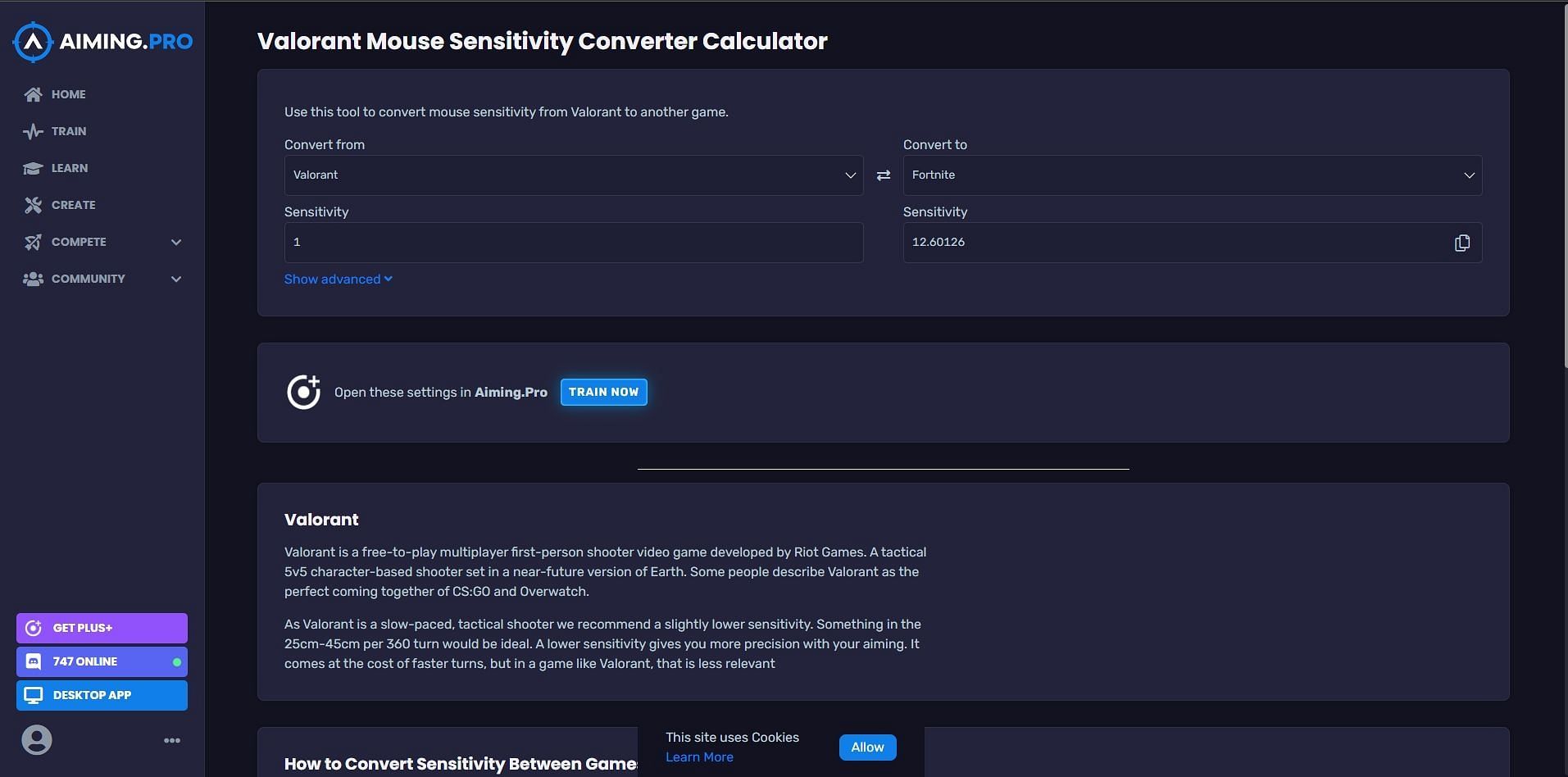 Sensitivity conversion in AIMING.PRO (Image via AIMING.PRO)