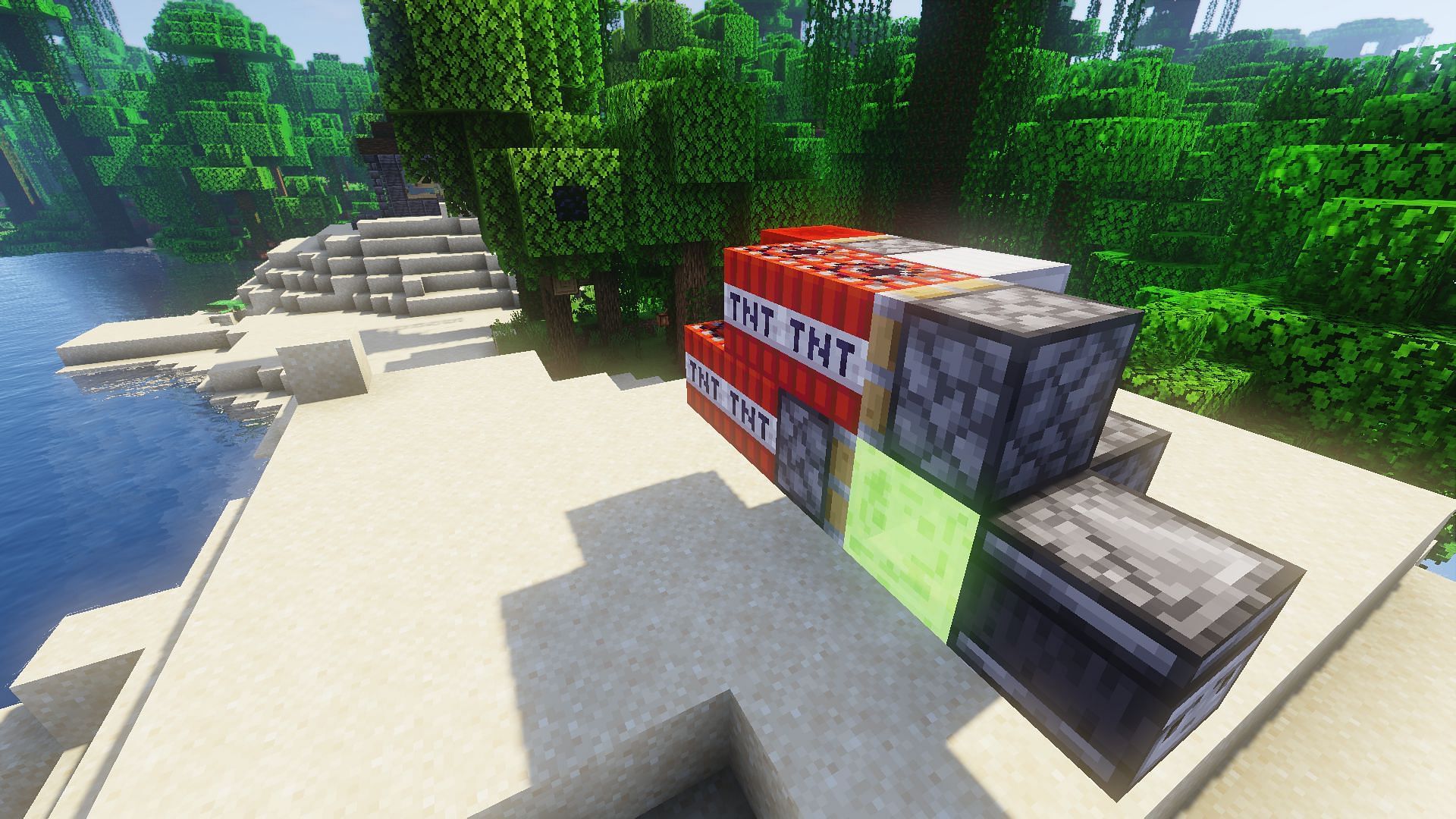 The Redstone Missile ready to launch at its obsidian target (Image via Minecraft)