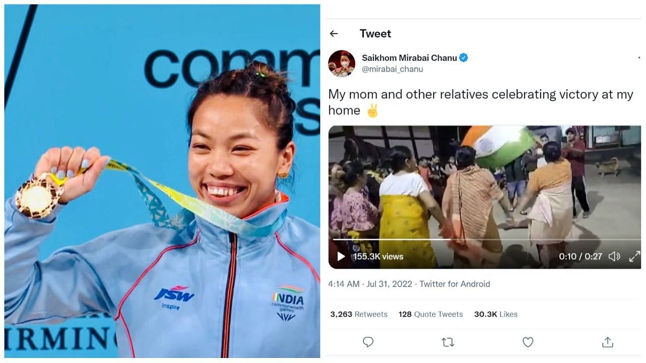 Mirabai Chanu with her gold medal at CWG 2022 and celebrations at her house (right).