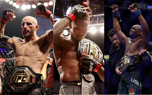 Alexander Volkanovski (L), Israel Adesanya (M), and Kamaru Usman (R)