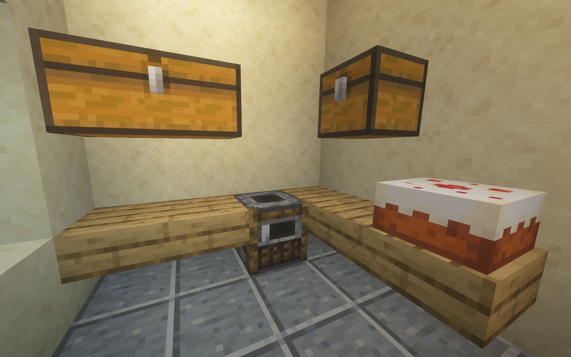 A simple kitchen with smoker, cake, and chests to store food items (Image via Minecraft 1.19 update)