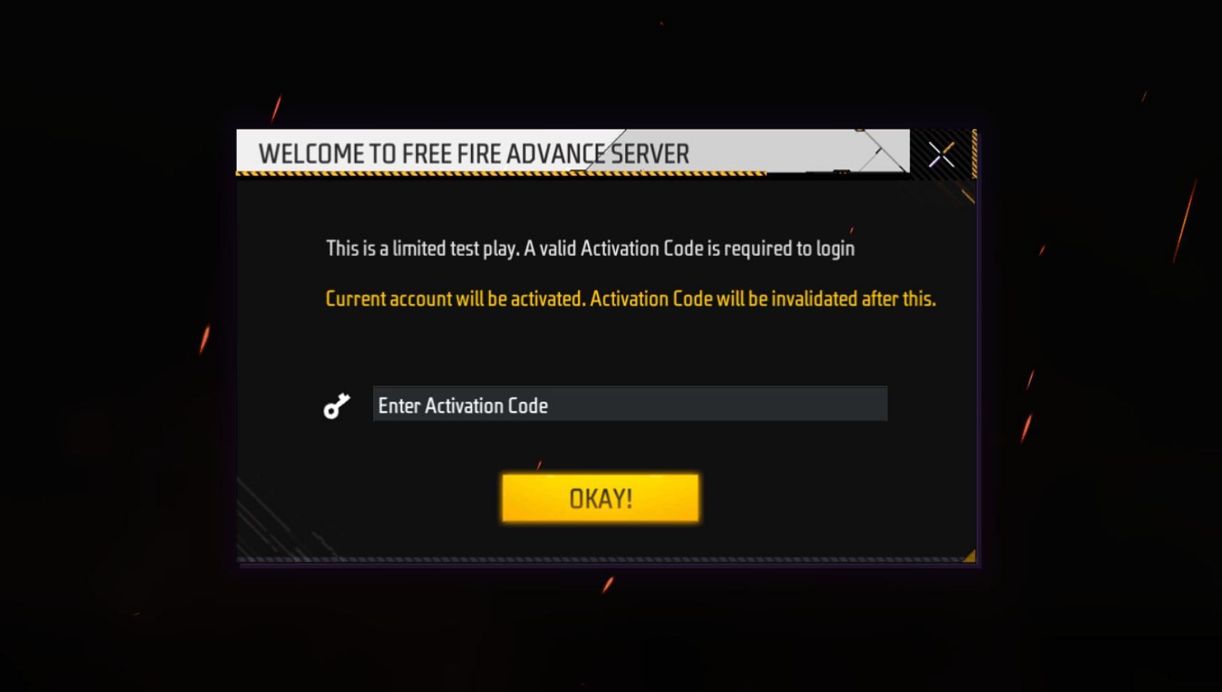 Enter the Activation Code to receive access (Image via Garena)