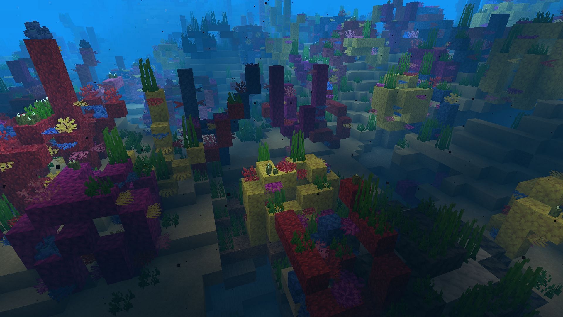 A coral reef found in warm oceans and populated with tropical fish (Image via Minecraft)