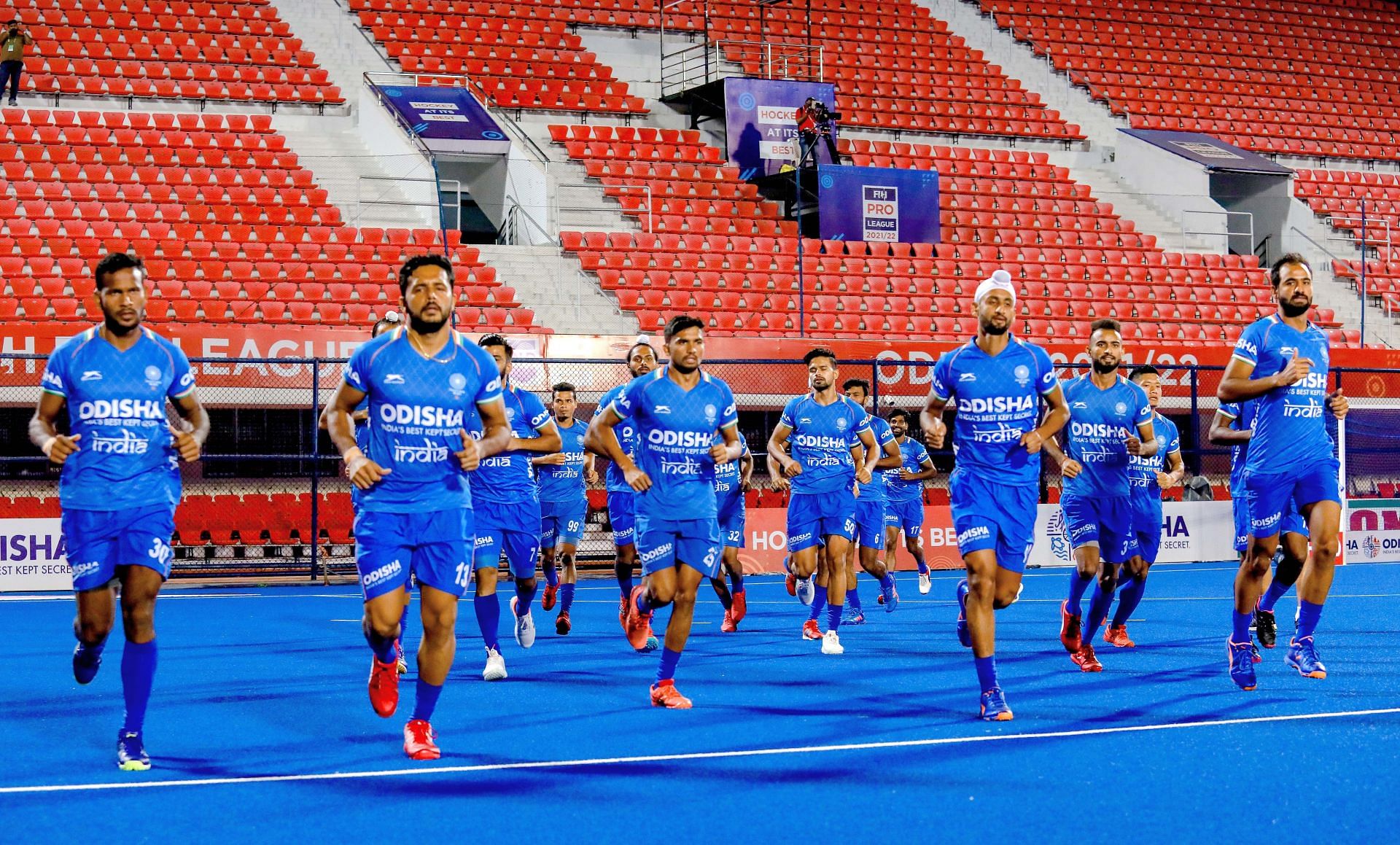 The Indian men&#039;s hockey team during a warm-up session. (PC: Hockey India)