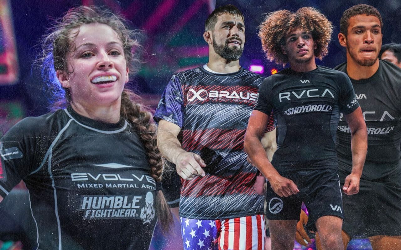 Daneille Kelly (L) listed Garry Tonon (2nd from L), Kade Ruotolo (2nd from R), and Tye Ruotolo (R) as her favorite grapplers to watch in ONE Championship.