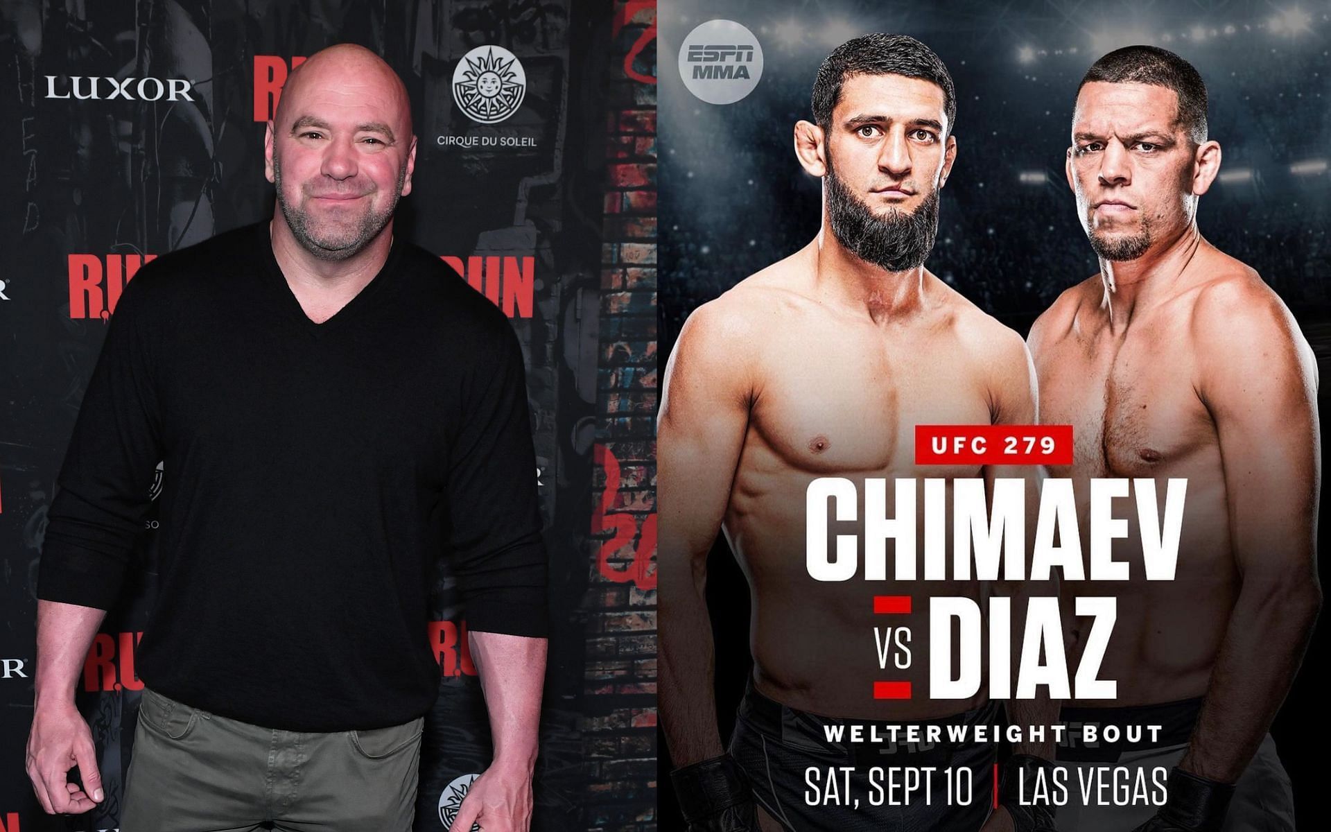 Dana White (left) Diaz vs. Chimaev poster (right) (image courtesy @khamzat_chimaev Instagram)