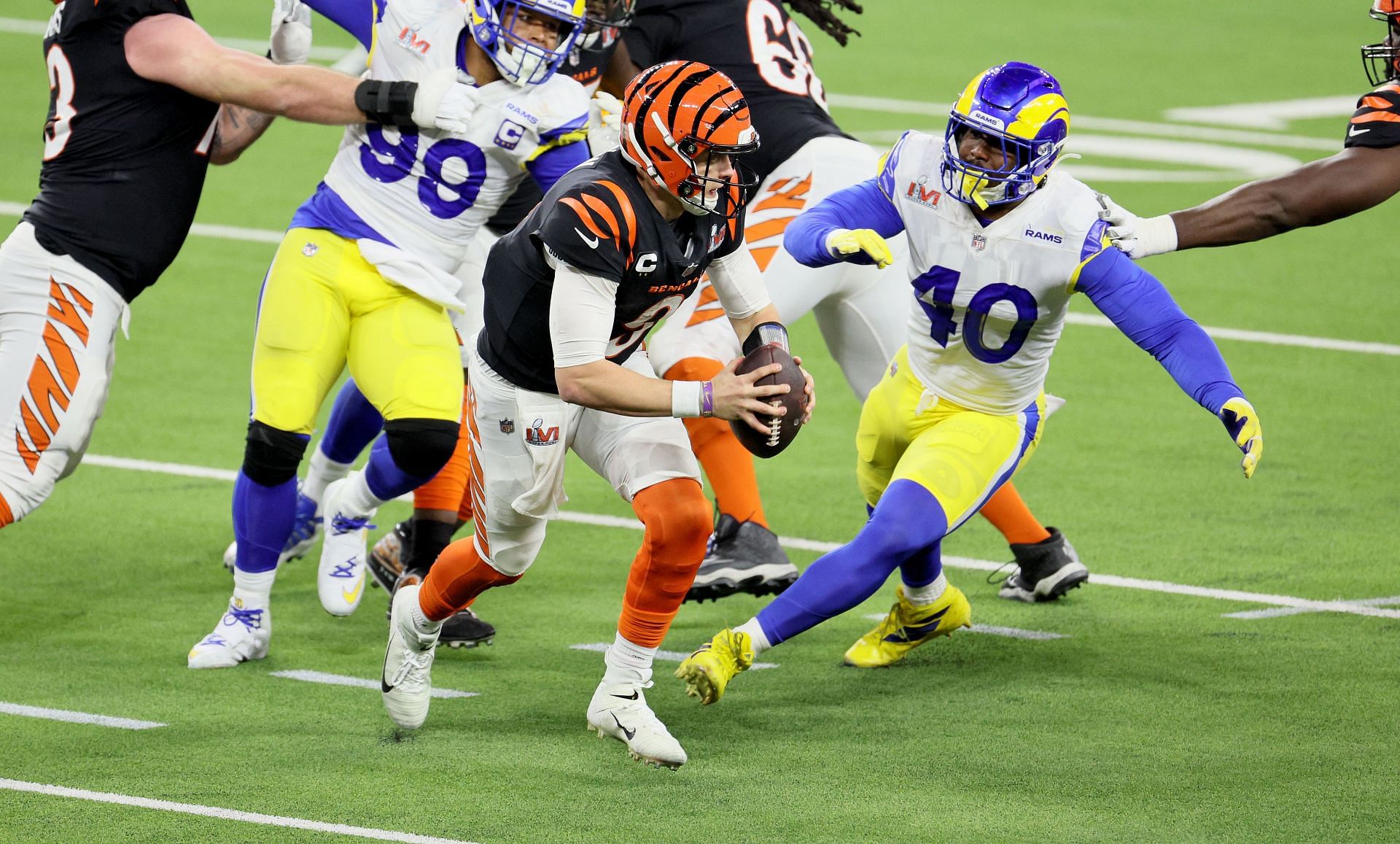 Cincinnati Bengals quarterback Joe Burrow (9) drops back to pass against  the Los Angeles Rams in Super Bowl 56, Sunday, Feb. 13, 2022 in Inglewood,  Calif. (AP Photo/Steve Luciano Stock Photo - Alamy