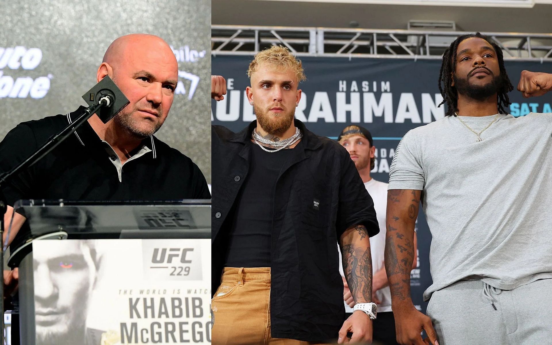 Dana White (left), Jake Paul, Logan Paul and Hasim Rahman Jr. (right)