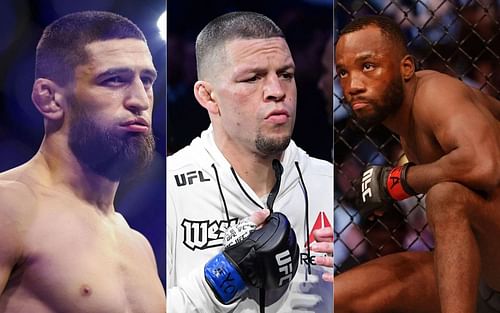 Khamzat Chimaev (left), Nate Diaz (center), and Leon Edwards (right)