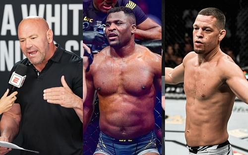 Dana White (left), Francis Ngannou (center), Nate Diaz (right) [Images courtesy: Getty, @francisngannou, @natediaz209 via Instagram]