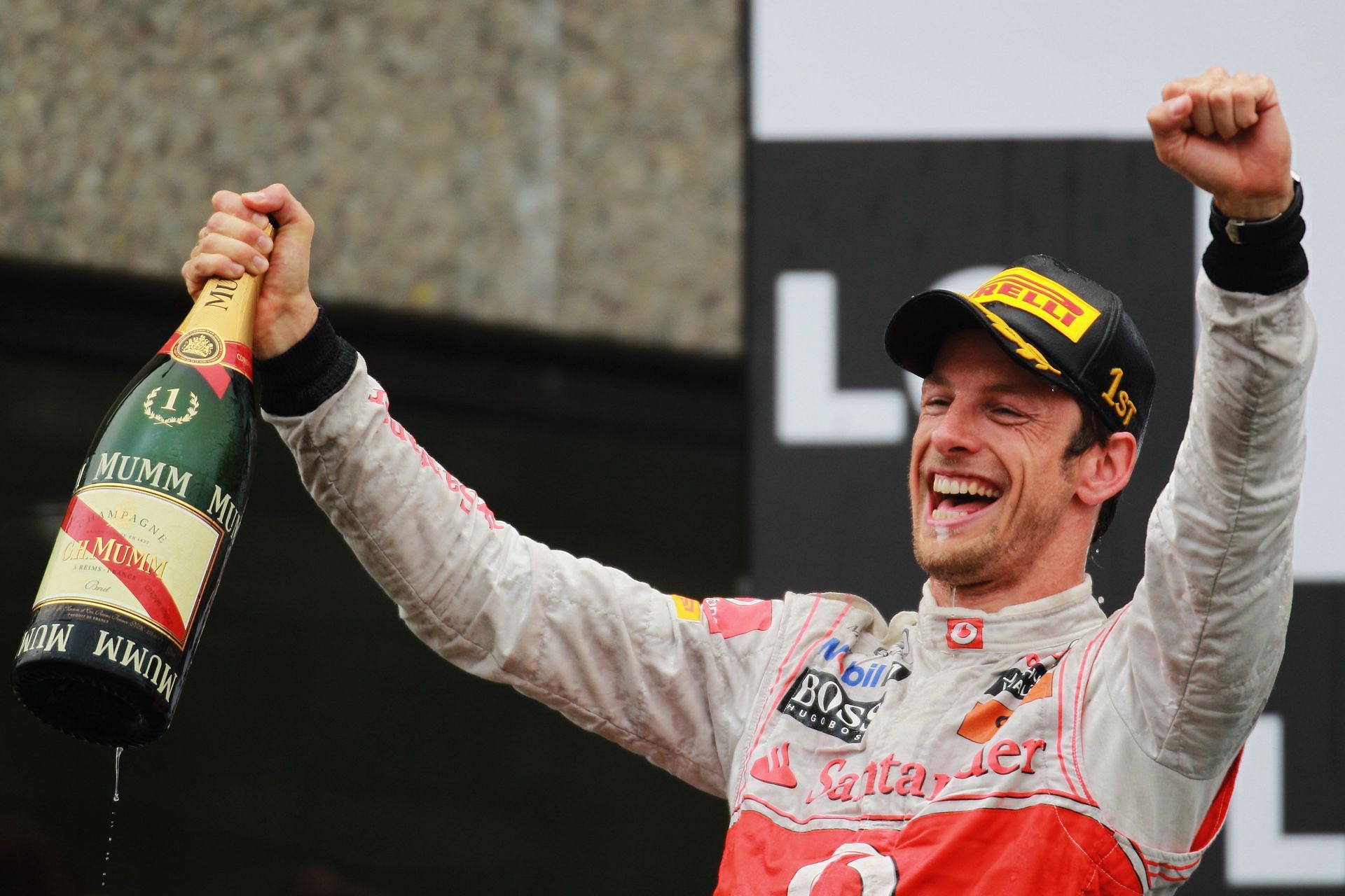 Jenson Button celebrates after his victory at the 2011 F1 Canadian GP