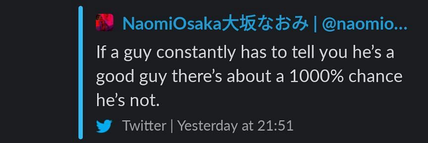 Screenshot of now-deleted Tweet from Naomi Osaka