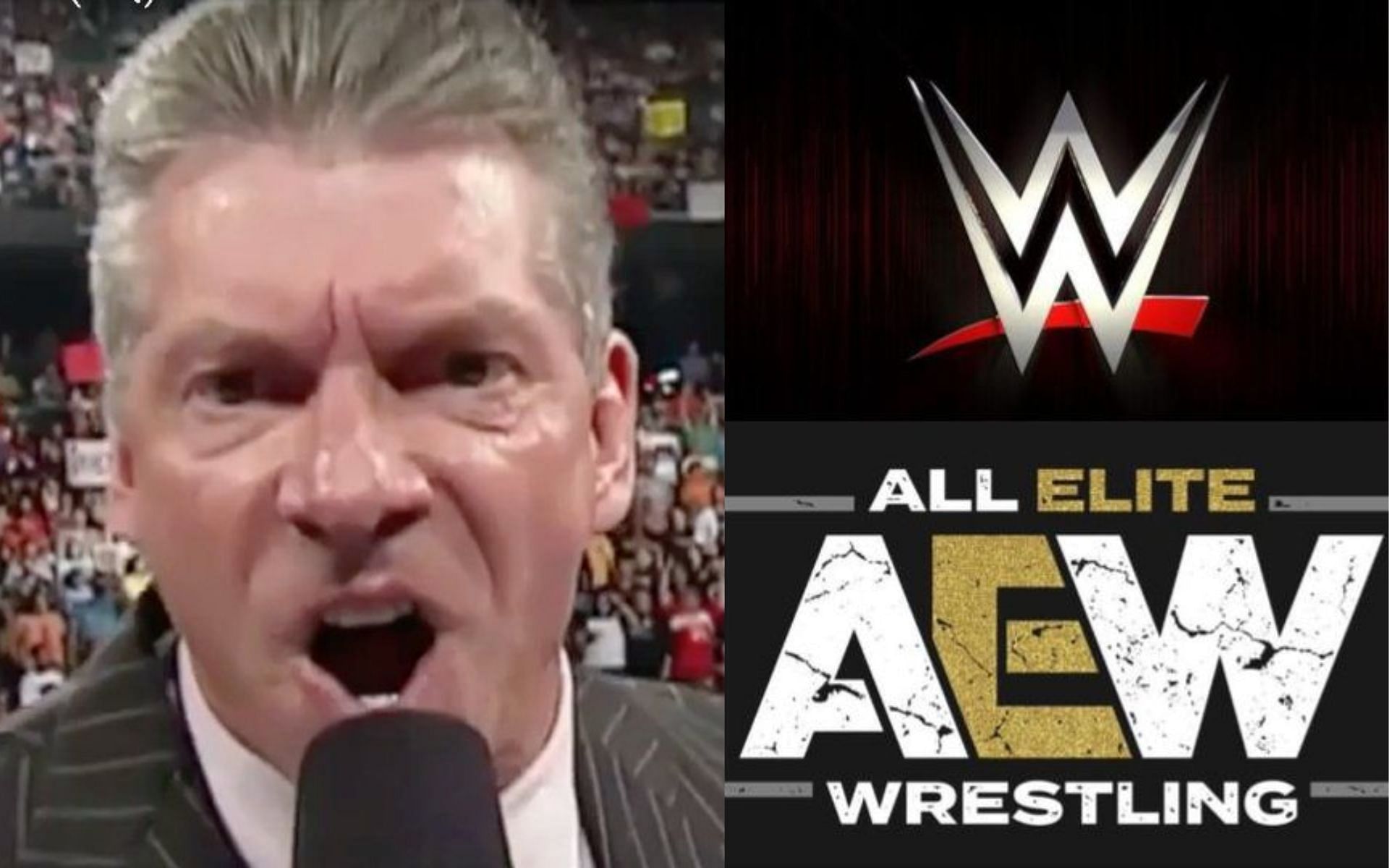 Vince McMahon (left) and AEW and WWE logos (right).