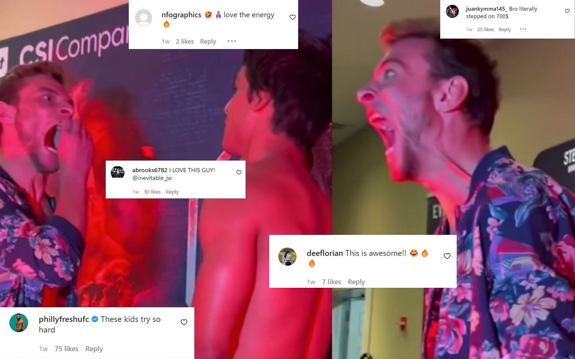 Fans react after a fighter pulls out his tooth during a face-off with an opponent