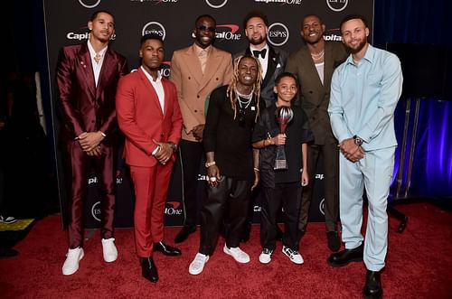 (L-R) Juan Toscano-Anderson, John Boyega, Draymond Green, Lil Wayne, Klay Thompson, Kameron Carter, Andre Iguodala, and Stephen Curry attend the 2022 ESPYs