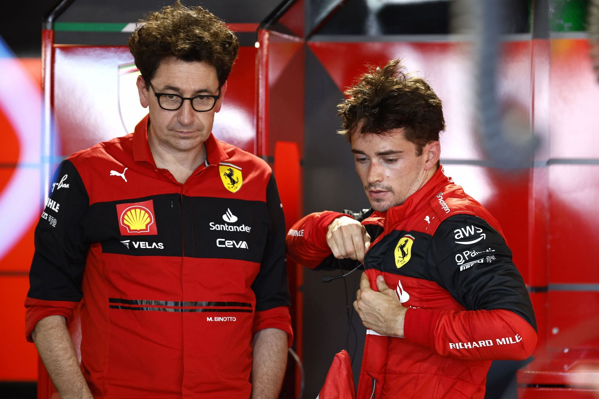 Ferrari team principal Mattia Binotto (left) and driver Charles Leclerc (right) could have frayed their working relationship after the 2022 F1 British GP (Photo by Jared C. Tilton/Getty Images)