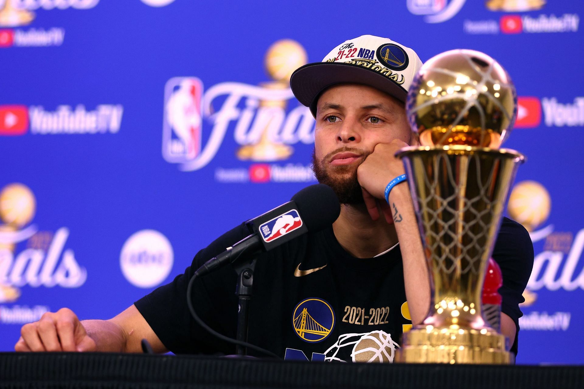Steph Curry of the Golden State Warriors speaks to the media after defeating the Boston Celtics 103-90 in Game 6 to win the NBA Finals on June 16 in Boston, Massachusetts