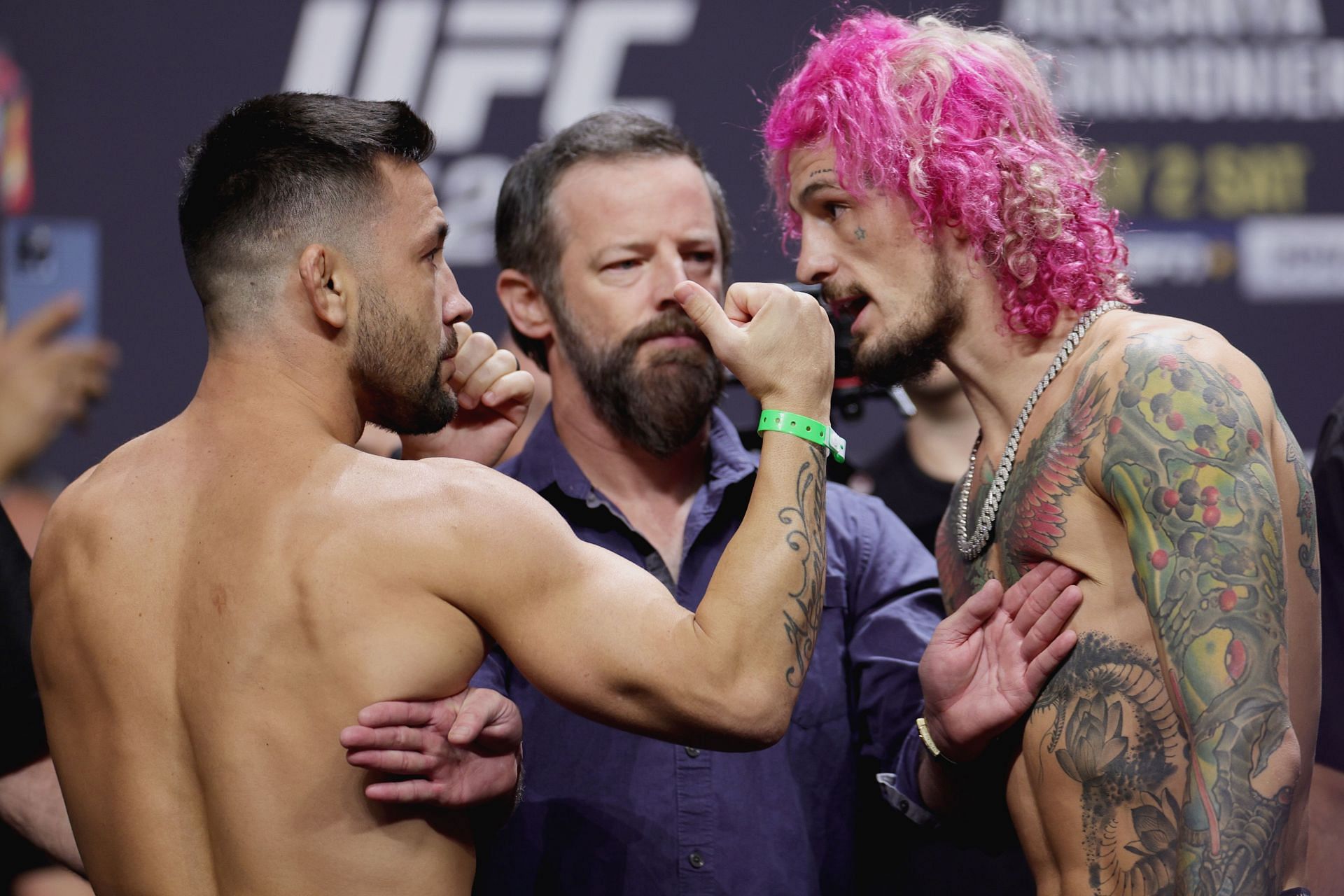 Pedro Munhoz (left) and Sean O&#039;Malley (right) at the UFC 276 Ceremonial Weigh-in