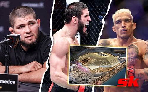 (L to R) Khabib Nurmagomedov, Islam Makhachev (via @khabib_nurmagomedov and @ufc on Instagram), Charles Oliveira, Front image via visitabudhabi.ae