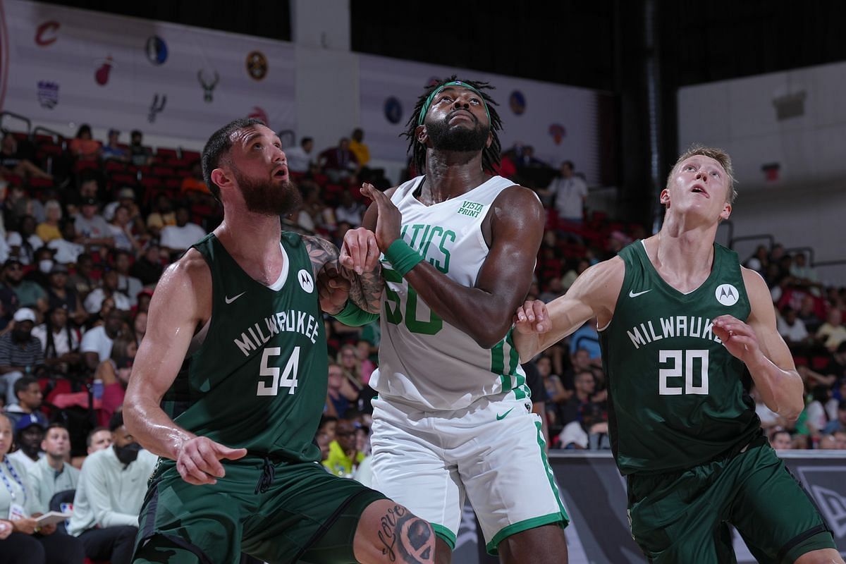 Sandro Mamukelashvili vying for rebound in the Bucks&#039; game against the Celtics [Image Credits: Jeff Bottari/NBAE via Getty Images]