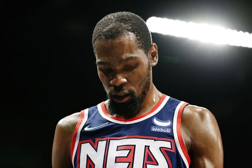 Kevin Durant #7 of the Brooklyn Nets looks on during the second half against the Cleveland Cavaliers at Barclays Center on April 08, 2022 in the Brooklyn borough of New York City. The Nets won 118-107.