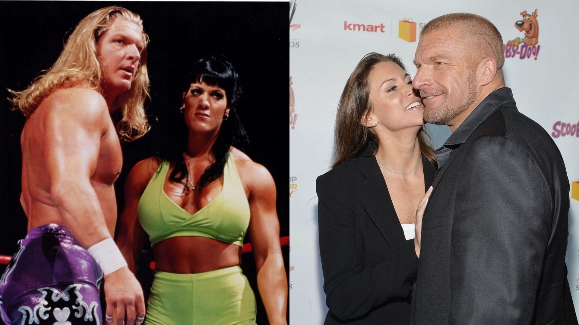 Triple H with Chyna (left) and Stephanie McMahon (right)