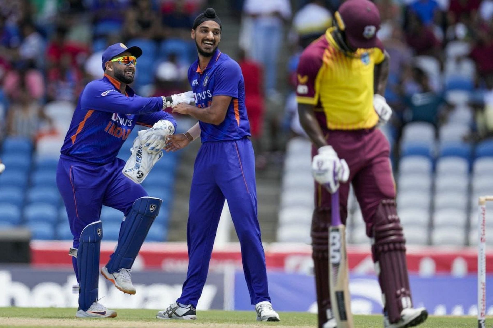 Arshdeep Singh celebrates a wicket in the first T20I against West Indies.